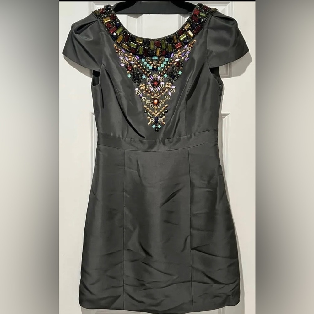 NWOT Tibi Gray Silk Jeweled Short-Sleeved Dress